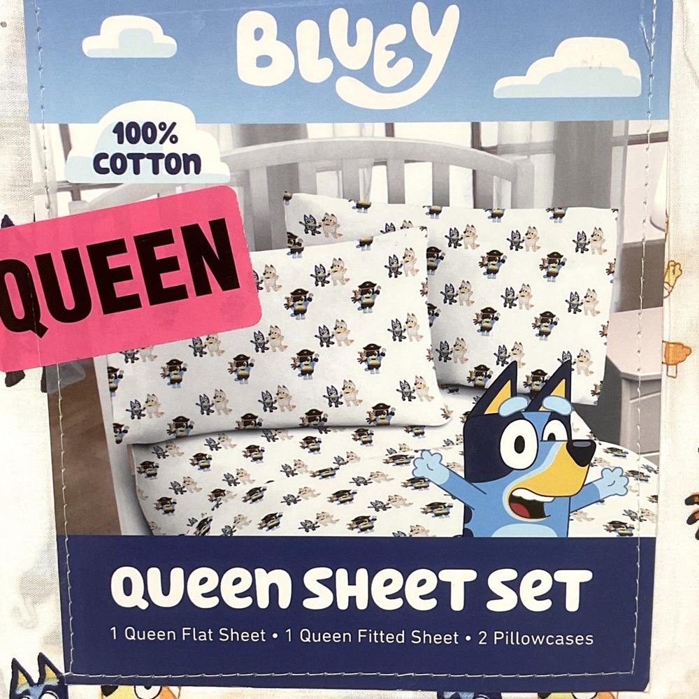 Bluey Halloween Queen Sheet Set 100% Cotton 4pc Pirate Mummy Skeleton White New - Picture 2 of 4